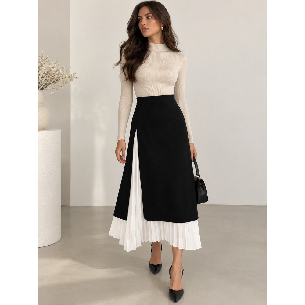 COMMENSE Black White Two Tone Pleated High Waist Midi Skirt XS US 2 NWT - Picture 3 of 11